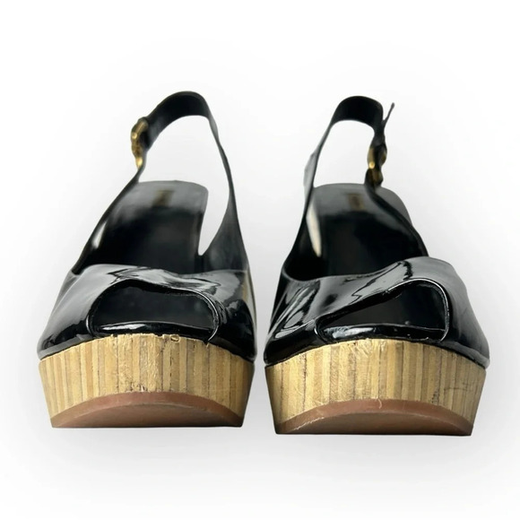Miu Miu Black Patent Leather  Peep Toe Slingback Wooden Wedge Heel 39 - Picture 6 of 14